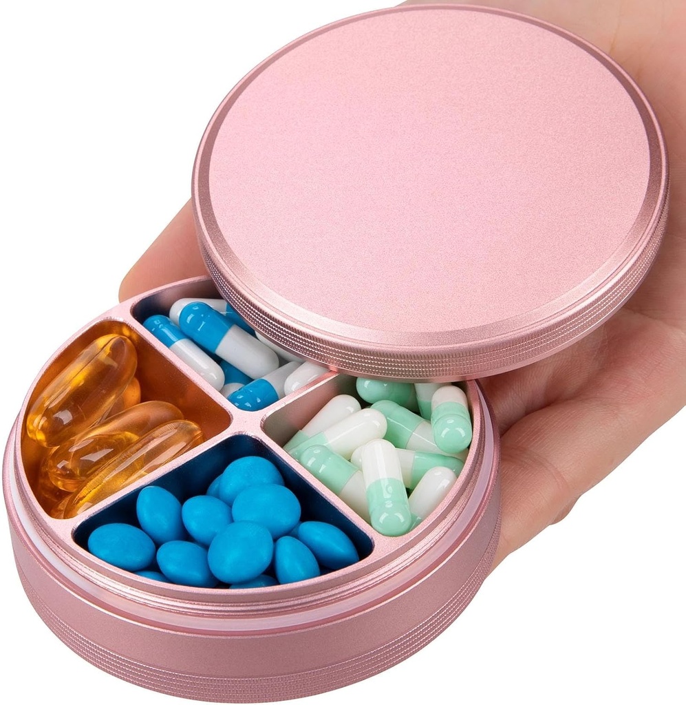 Metalen pil Organizer 4 Compartiments - Portable Travel Pill Case Dagelijkse, waterdichte pil Box voor de portemonnee, Compacte pil houder Medicine Container Dispensers voor Vitamine Cod Lever Olie Supplement Roze