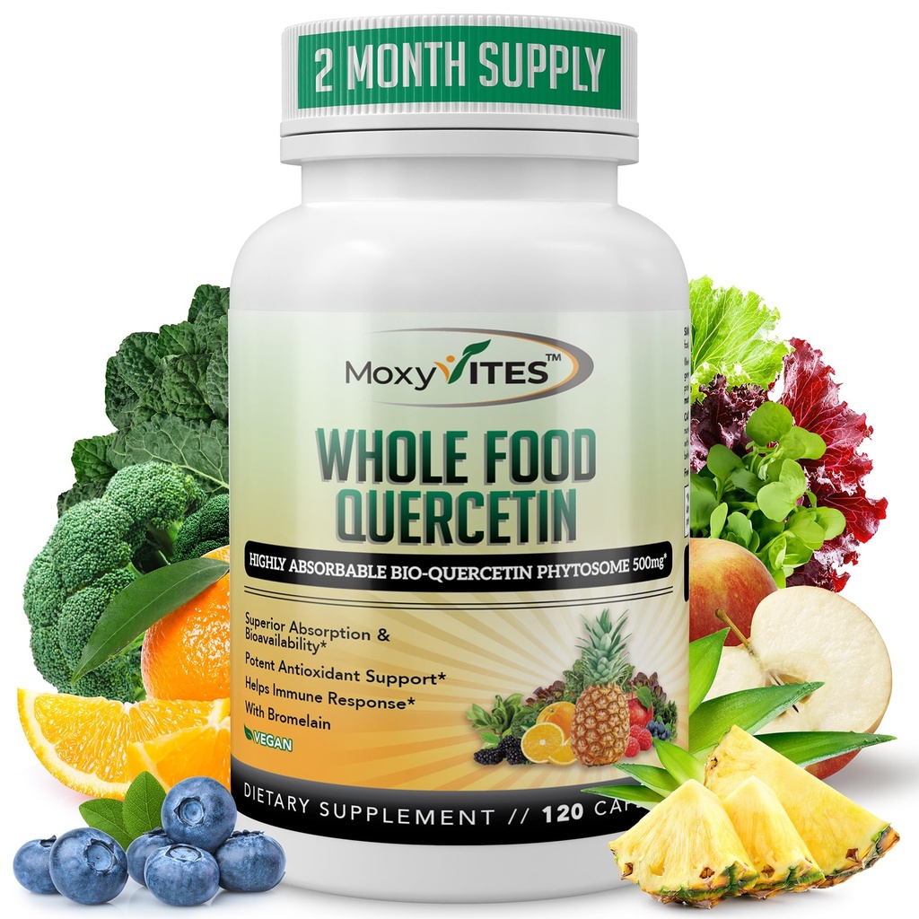 MoxyVites Quercetin met Bromelain 500mg supplement - Bioactive Phytosome Complex, Pure Organic Whole Food Seasonal Support, Antioxidant, 20X Absorptie & Biobeschikbaarheid-120 Caps