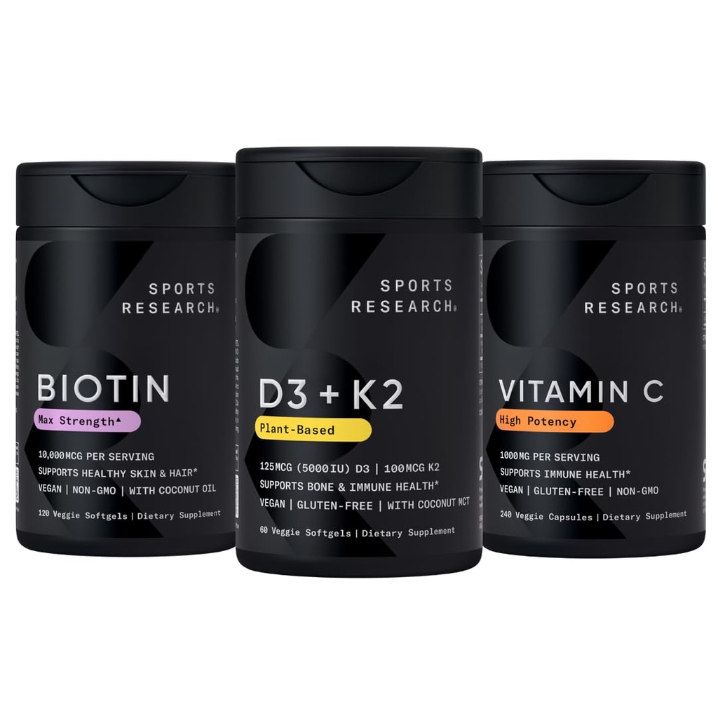 Recherche sportive Vitamine D3 5000iu K2 100mcg, Biotine Vegan 10 000mcg avec huile de coco et supplément de vitamine C haute puissance 1000mg