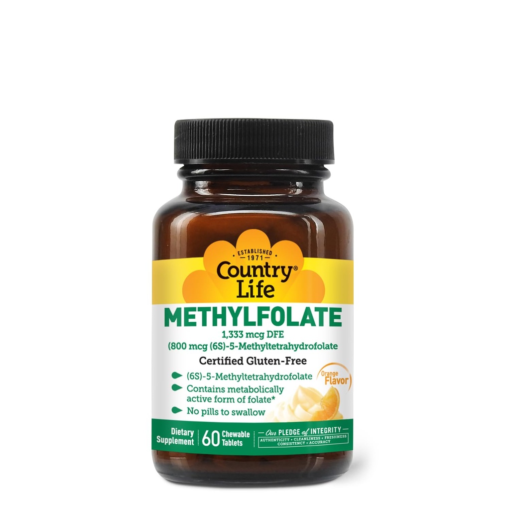 Country Life Methylfolaat Kauwtabletten - Metabole Actieve Folaat - Grote Proeverij Oranje Smaak - Glutenvrij - Glad Melten - Vegan B12 - Vrouwelijke Vitaminen - Dagelijks supplement - 60 tabletten