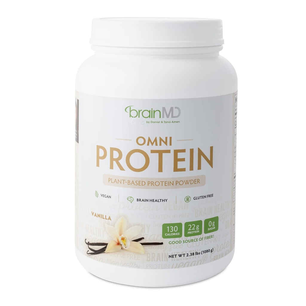 BRAINMD Dr Amen Omni Protein Vanille - 2,38 lbs - Plant-Based Protein Powder - Bevordert Energie & Oefening Herstel - Veganistisch, Vegetarisch, Suikervrij, Glutenvrij - 30 porties
