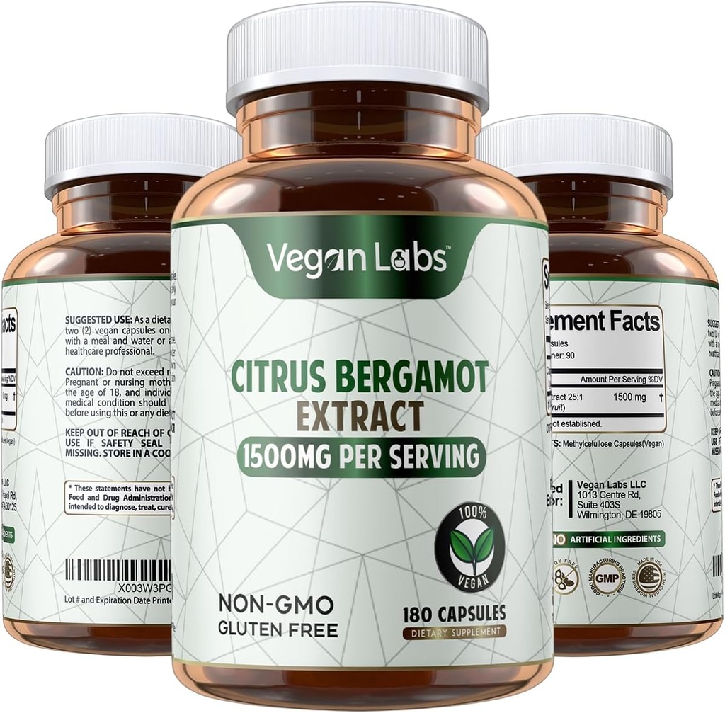 Vegan Labs Citrus Bergamot Extract 1500MG- 180 Vegan Capsules- 25:1 Citrus Bergamia Extract- Ondersteunt de algehele gezondheid en antioxidant bescherming- Glutenvrij, Non-GMO