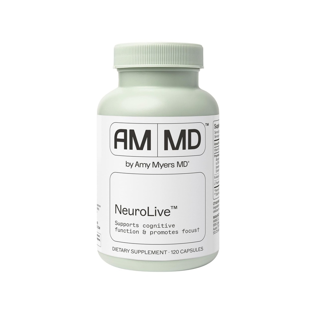 Amy Myers MD NeuroLive - Supplément santé cérébrale pour la fonction cognitive et le soutien focal - avec vitamine B - Sans gluten, sans lait et sans soie - 120 capsules (60 portions)