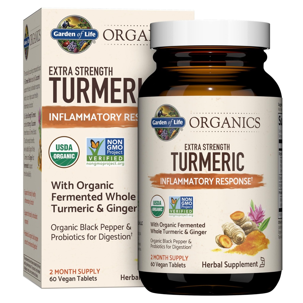 Garden of Life Organics Extra Strength Turmeric Inflammatory Response 60 Tablets-100mg Curcumine (95% Curcuminoïden) Black Pepper, Probiotica, Organic Non-GMO Vegan Gluten Free Herbal Supplement