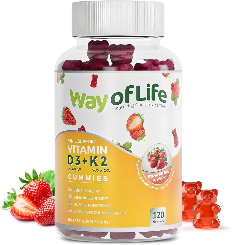 Vitamine D3 5000 IE (125 mcg) + K2 (MK-7) 100 mcg Sugar-Free Gummies, Aardbei - 120 telling, Bone and Heart Health voor volwassenen, Muscle Funtion, Pectin, Smakelijk, Chewy, Non-GMO, Glutenvrij, Gelatinevrij