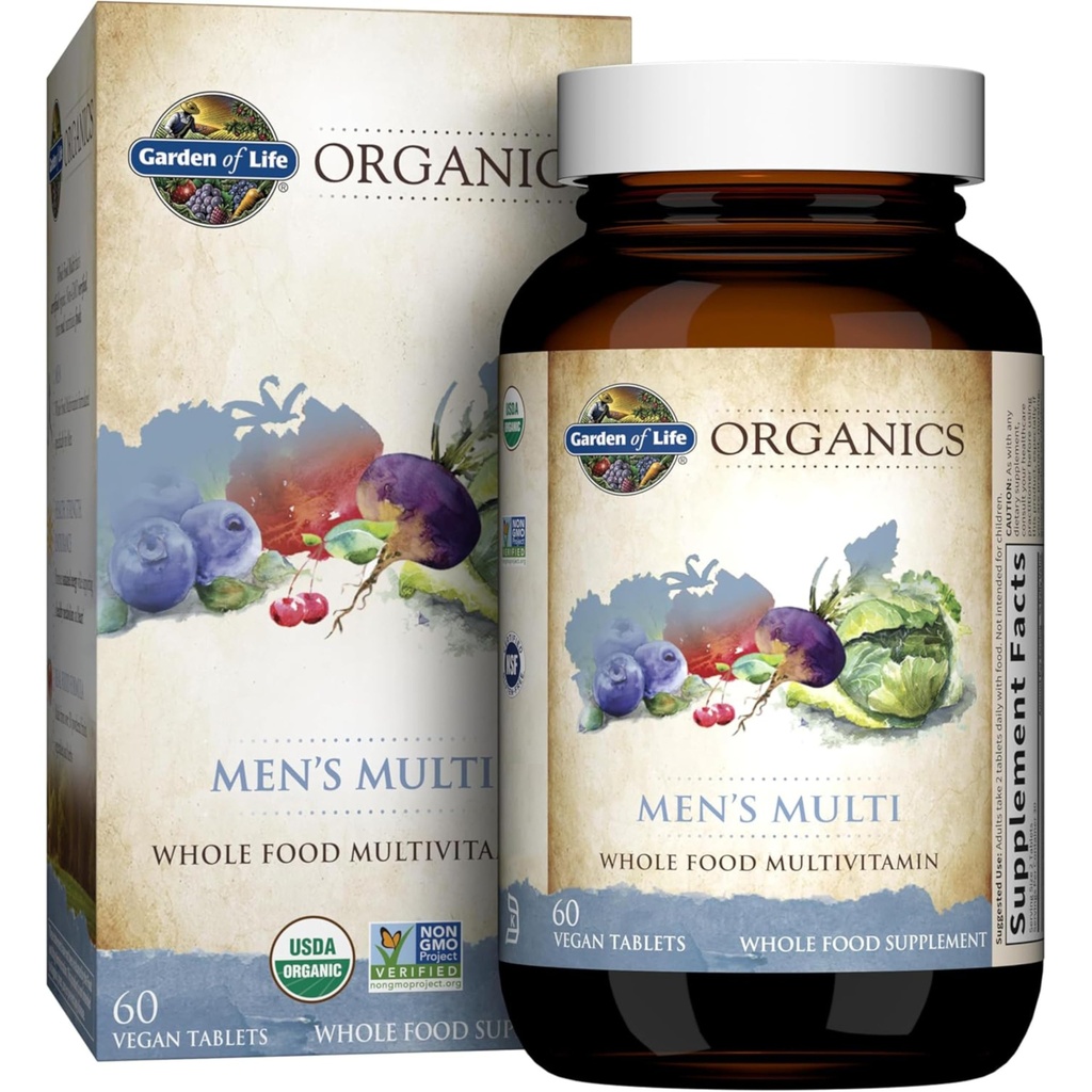 Garden of Life Organics Whole Food Multivitamine voor mannen, 60 tabletten, Vegan Heren Vitaminen en Mineralen voor gezondheid en welzijn, Certified Organic Vegan Multi