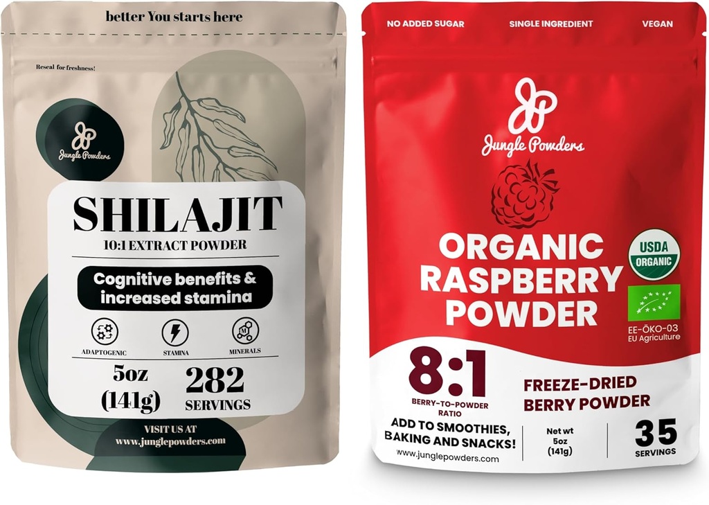 Jungle Powders Superfood Bundle: 5oz Raw Shilajit & 5oz Biologische Raspberry Powder Combo - Heren Energy Support, Immune Boost, USDA Certified Freeze-Dried Red French for Baking, Smoothies