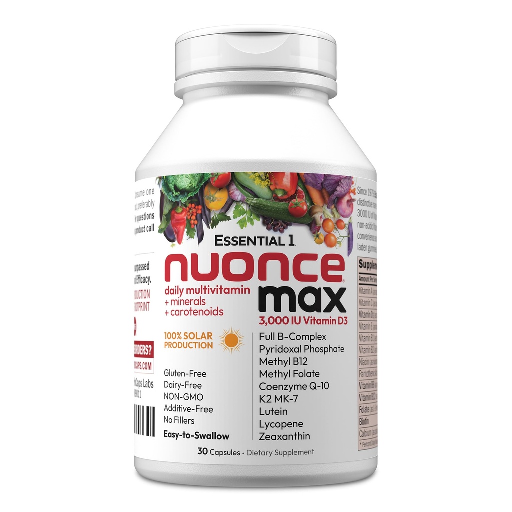 ANDREW LESSMAN Essential-1 nuonce max Multivitamine 3000 IE Vitamine D3 30 Kleine Capsules. 100 mcg Methyl B12. CoQ10 Luteïne Lycopeen Zeaxanthine. Hoge Potentie. Geen additieven. Ultra-Mild One Dagelijkse Capsule