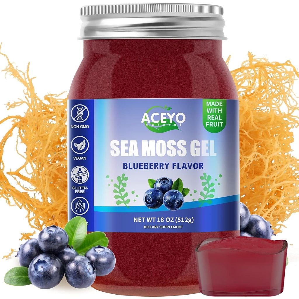 ACEYO (18 OZ) Irish Sea Moss Gel Biologische Raw Vegan Blueberry Smaak 102 Vitaminen en Mineralen Wild Geoogste Non-GMO Immune Defense Booster Thyroid Digestieve Ondersteuning