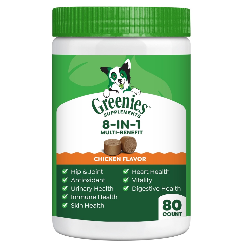 Greenies Hondensupplementen 8-in-1 Multi-Benefit Kip smaak, 15,5 oz. Container, 80 Tellen