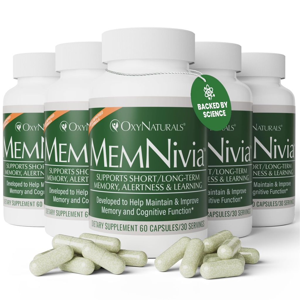MemNivia Brain Supplementen voor Geheugen & Focus De dubbele Stamcel Formule van de Sage met Cognivia®, Bacopa, Holy Basil & Ginger Clinically Proven Mental Clarity Support 300 Capsules (5 flessen)