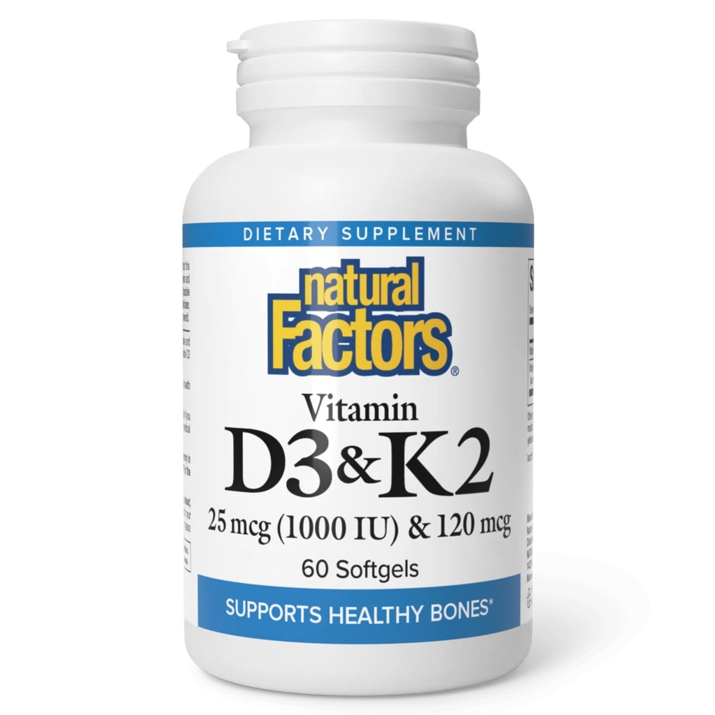 Natuurlijke factoren, vitamine D3 & K2 1000 IE en 120 mcg, ondersteunt bot en bloedvatgezondheid, 60 Softgels
