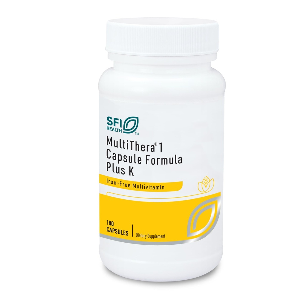 Klaire Labs SFI Health MultiThera 1 Plus K sans fer Formule multivitamine et capsule multiminérale avec vitamine K1 et K2 - haute puissance avec folate actif, sans fer (180 capsules)