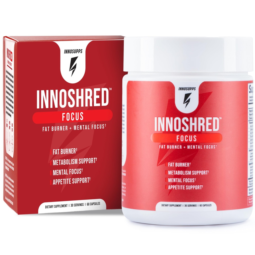Inno Shred Focus Day Time Fat Burner, 100mg Capsimax, Grains du Paradis, Caféine biologique, Extrait de thé vert, Suppresseur de l'appétit, Support de perte de poids, 60 Capsules de légumes (60 Capsules, avec Focus)