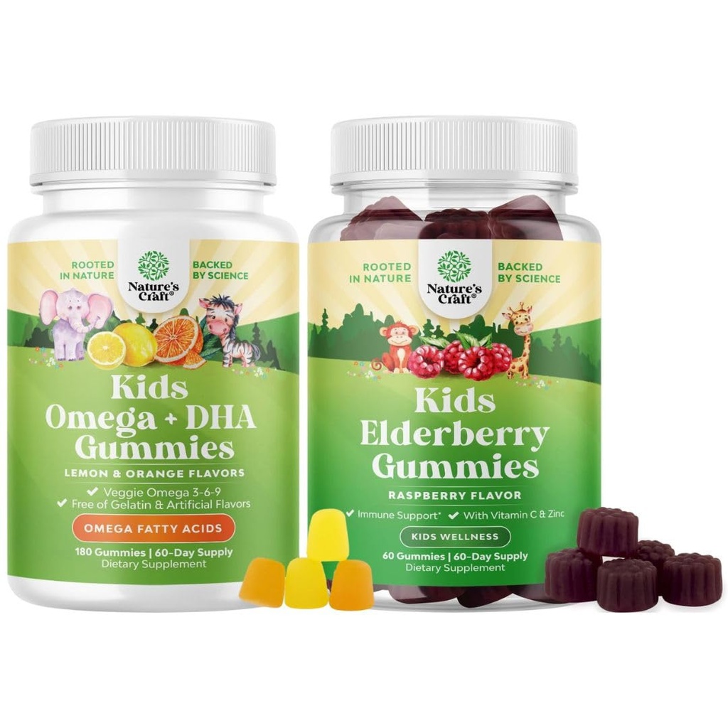 Bundle of Omega DHA Gummies for Kids - Fatty Acids Omega 3 6 9 met vitamine C voor Hersenen, Immuniteit & Visie en Sambucus Vlierbessen Gummies for Kids Health met Zink & Vitamine C voor Immune Ondersteuning