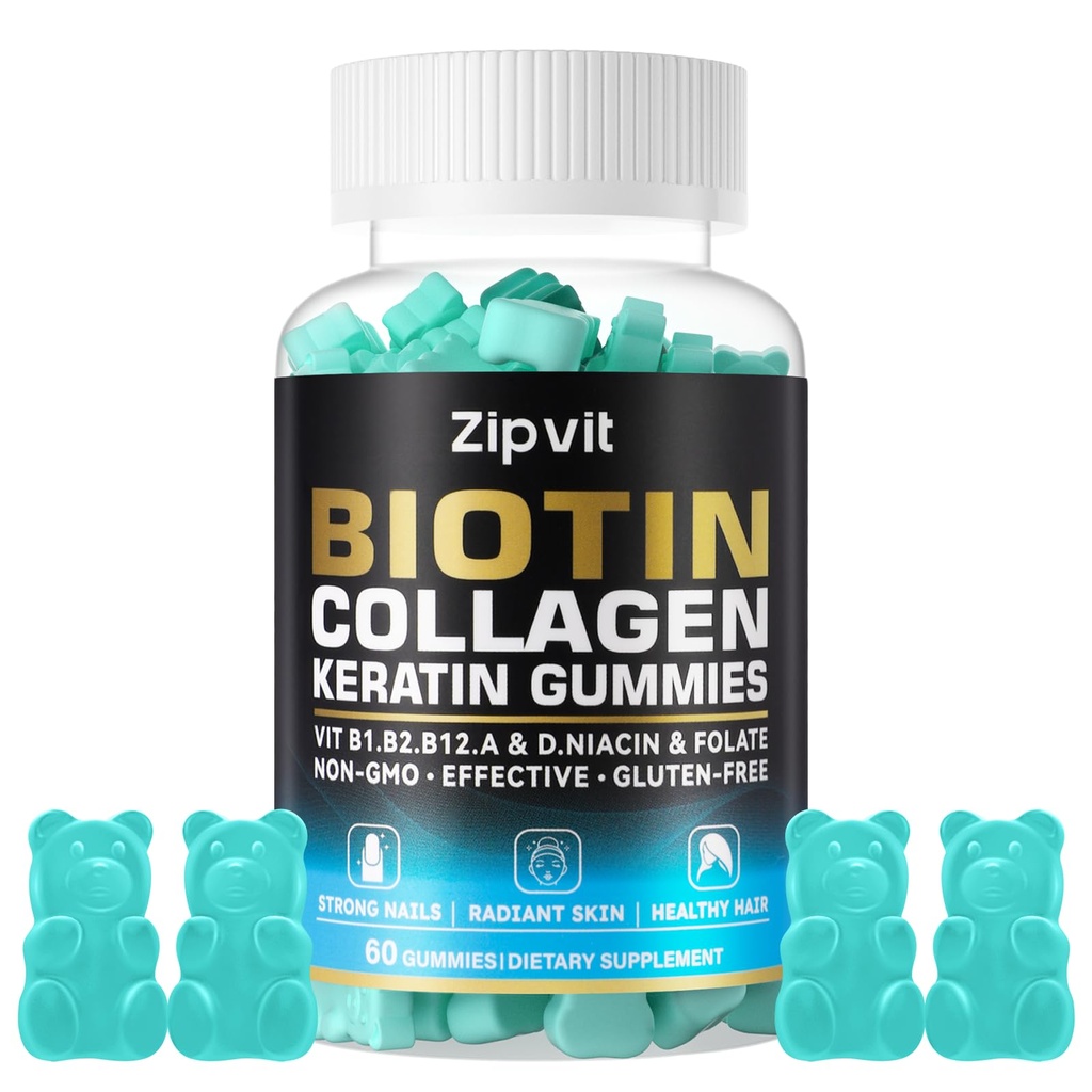 Gommies de collagène de biotine – Vitamines de peau et ongles pour les femmes et les hommes – Vitamines de croissance capillaire : B1, B2, B3, B6, B7, Collagène, Kératine, Vitamine A & D – Supplément de croissance capillaire – 60 ours gommy