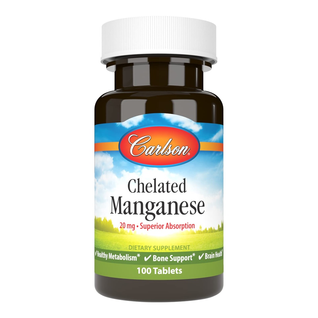 Carlson - Gechelde Mangaan, 20 mg, Superior Absorptie, Gezond Metabolisme, Bot Support & Brain Health, 100 tabletten