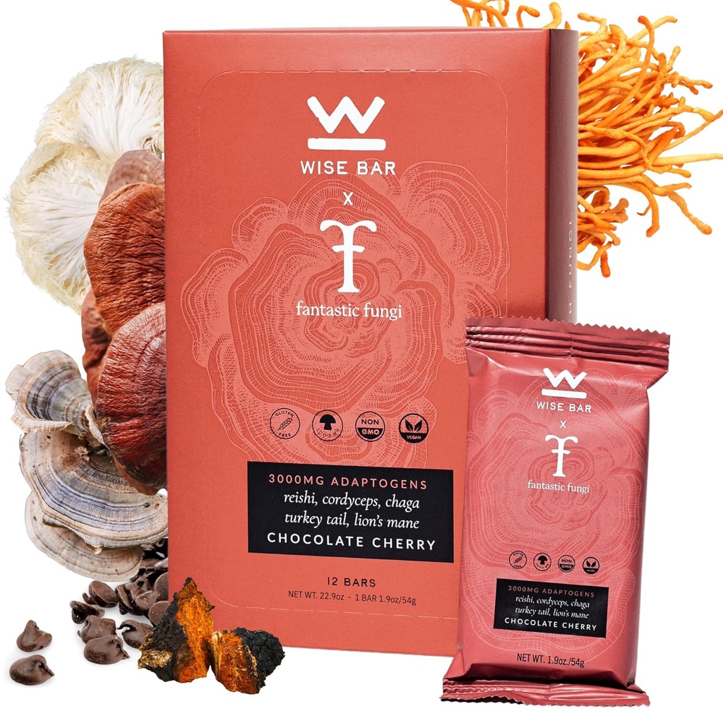 Wise Bar Adaptogen Mushroom Voeding Bars met Reishi, Lions Mane & Ashwagandha, Biologische Vegan en Gluten Gratis Snacks voor natuurlijke focus, Energie en Immuniteit Ondersteuning, Chocolade Cherry smaak, 12 Tellen