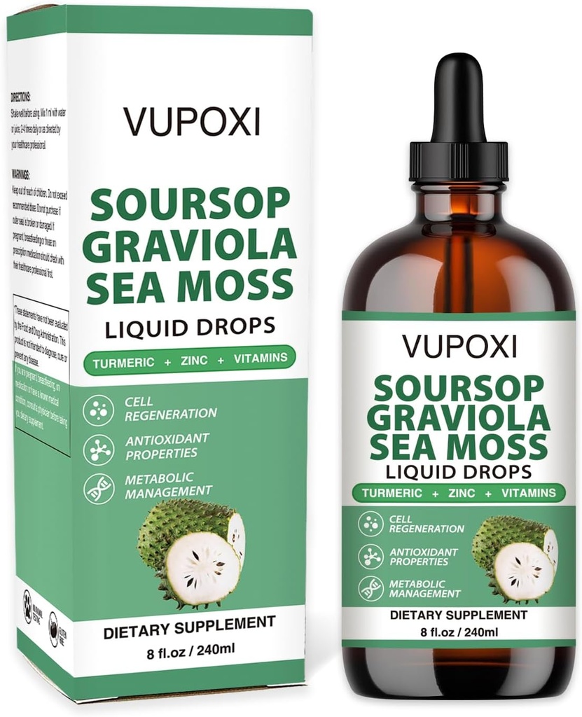 Soursop Multivitamine Liquid Drops Cell Support & Regeneration, Immune Boost,Dietaire Vezel en Slaap, Biologische Soursop Extract-Sugar Free, Non-GMO, 100% Veganistisch, Gluten-Free-8 Fl Oz/240 ML