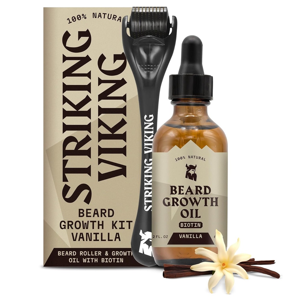 Opvallende Viking baard groei olie - 2 fl oz, Pack van 1, Vanille - Verdikende baard olie met Jojoba & Argan Extracten - Bevordert gezichtsgroei en doelen Patchy gebieden - Biotin versterkt