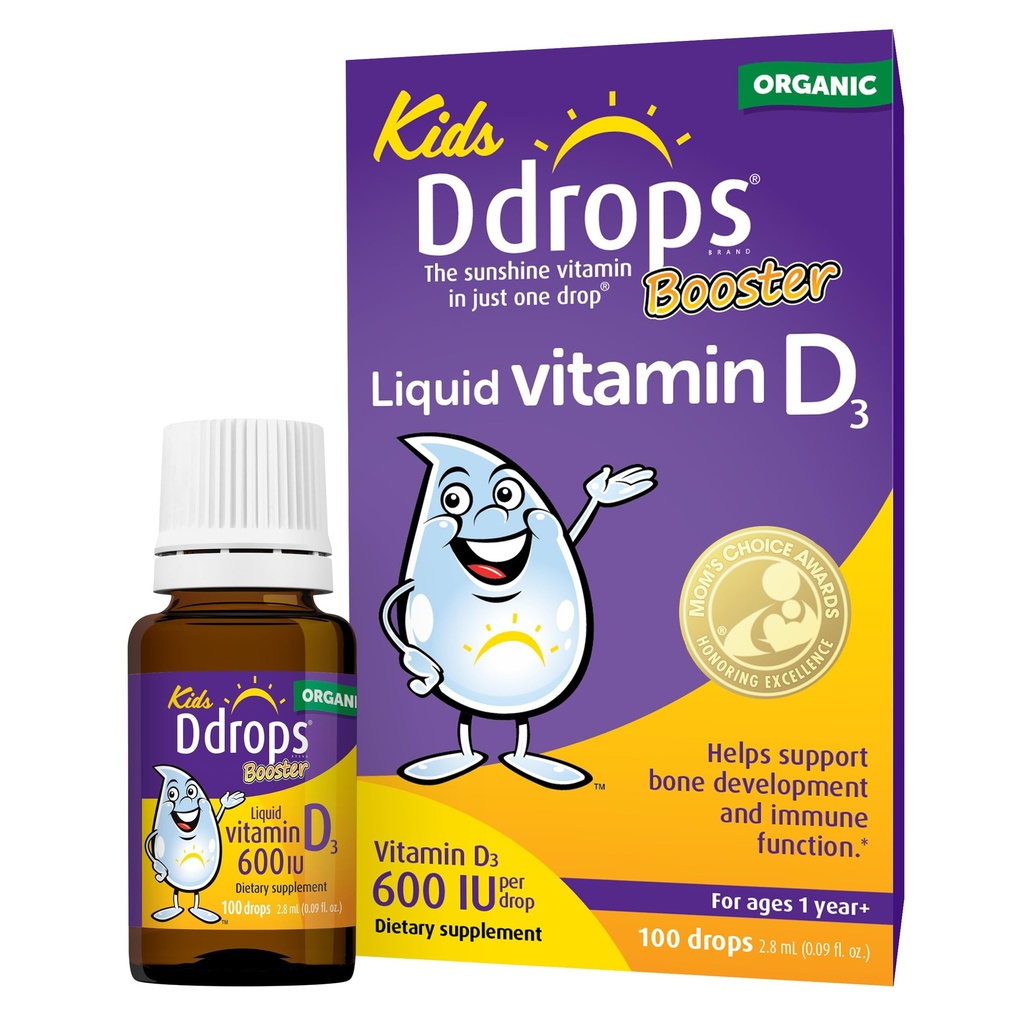 Ddrops Kids Booster 600IE 100 druppels - dagelijkse vloeibare vitamine D voor kinderen. Steun sterke botten en immuunsysteem bij kinderen. Geen conserveringsmiddelen, geen suiker, niet-GMO, Allergievriendelijk