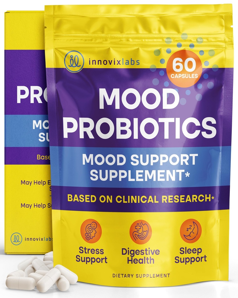 InnovixLabs Mood Probiotique pour les femmes et les hommes, Supplément de soutien digestif et d'humeur cliniquement étudié, Lactobacillus helveticus Rosell-52ND & Bifidobacterium longum Rosell-175, 60 Capsules
