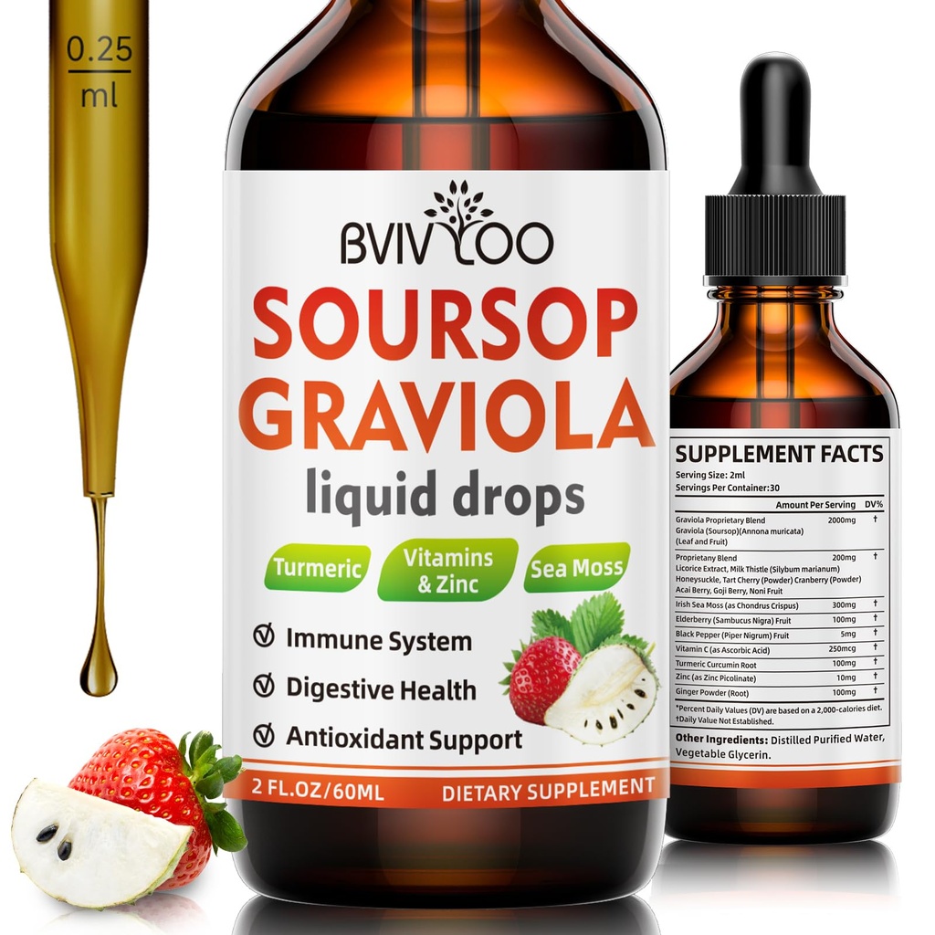 Soursop Graviola Liquid Drops for Cell Support & Regeneration, Immune Boost, Relax, Lever en Slaap, Soursop Bitters Liquid, Sugar/Gluten Free, Natural Aardbeien smaak - 2 Fl Oz (60ml) Fles