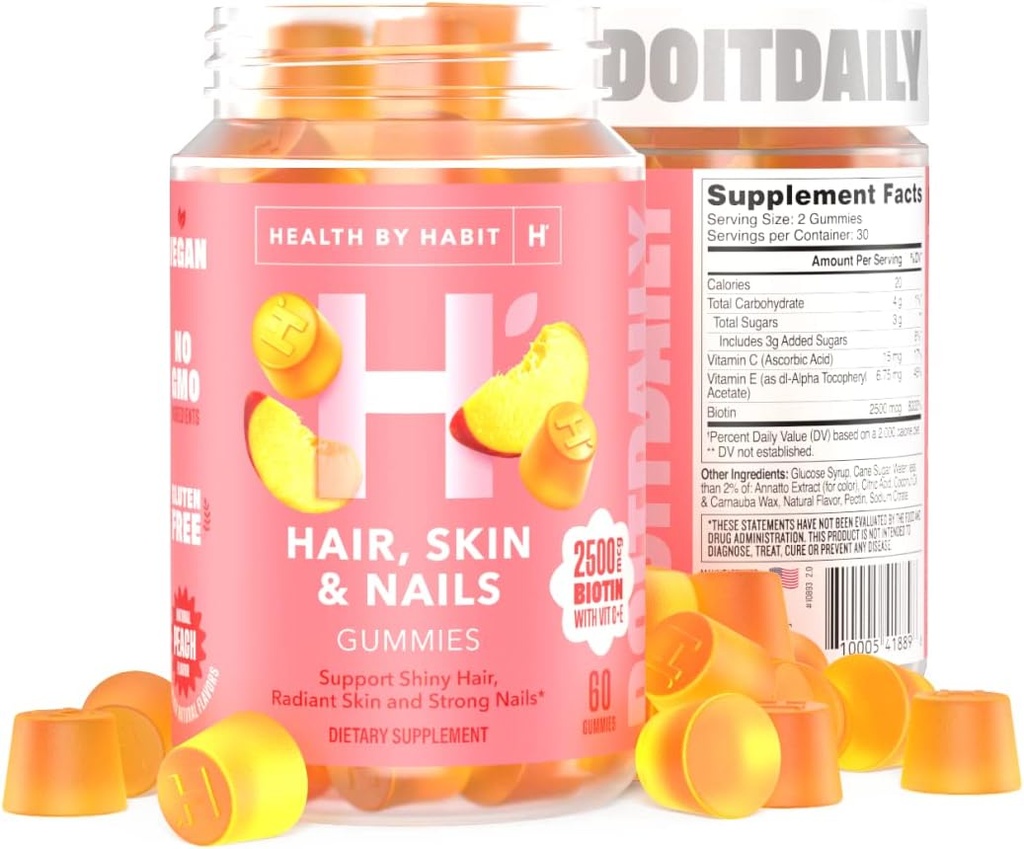 Gezondheid door Habit Haar, Huid en Nagels Supplement (60 Gummies) - 2500mcg Biotine, Vitamine C, Vitamine E, Sterke Nagels, Perziksmaak, Veganistisch, Glutenvrij, Non-GMO