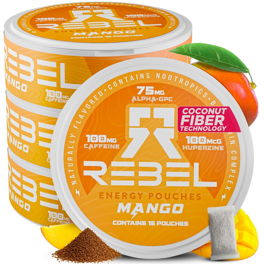 Nootropic Energy Cafeïne zakjes • 100mg Cafeïne • Alpha GPC • Huperzine A & Essentiële Vitaminen • Sugar-Free • Coconut Fiber Technology • Mango smaak • 15 zakjes per blikje (verpakking van 4)