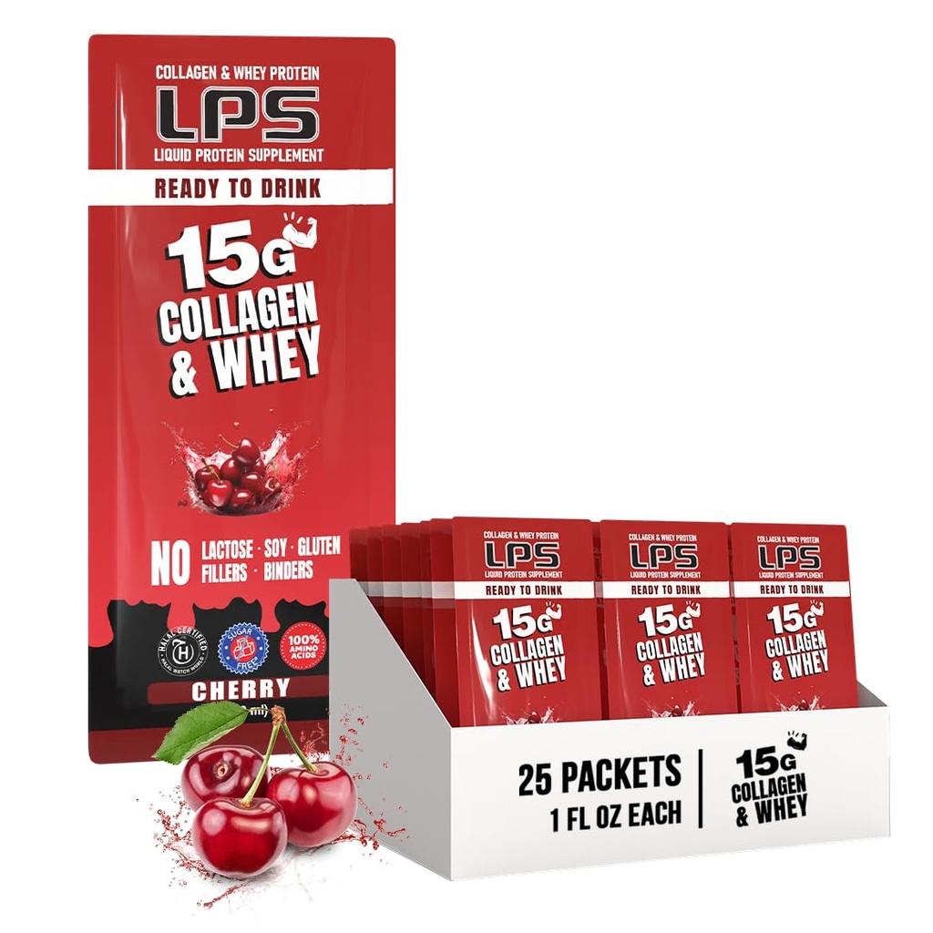 Voedingsdesigns LPS Liquid Collageen & Wei Protein Supplement - Non-GMO Drink, Sugar-Free - bevordert gezonde huid en haar voor mannen en vrouwen, Cherry, Single Serve (25 Packets)