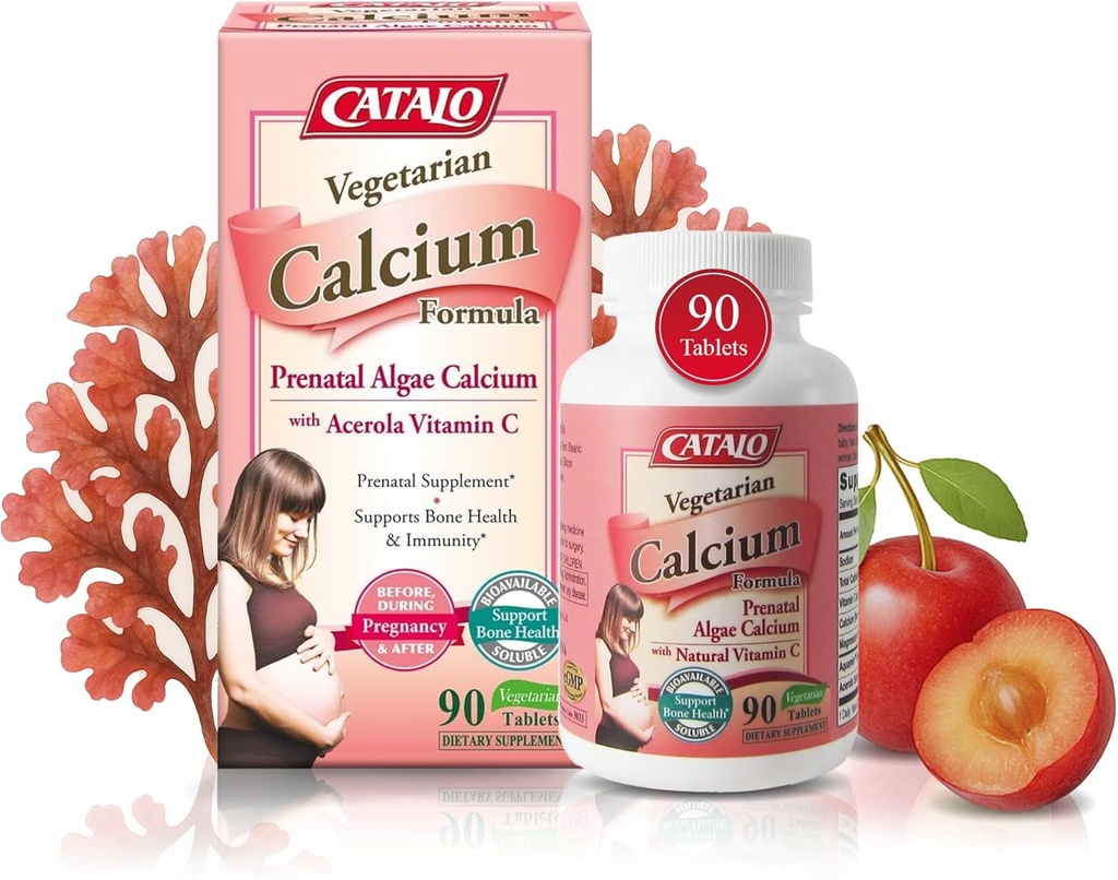 CATALO vegetarisch calciumsupplementen voor vrouwen - plantaardige rode algencalcium met magnesium en vitamine C voor verbeterde absorptie - 90 tabletten