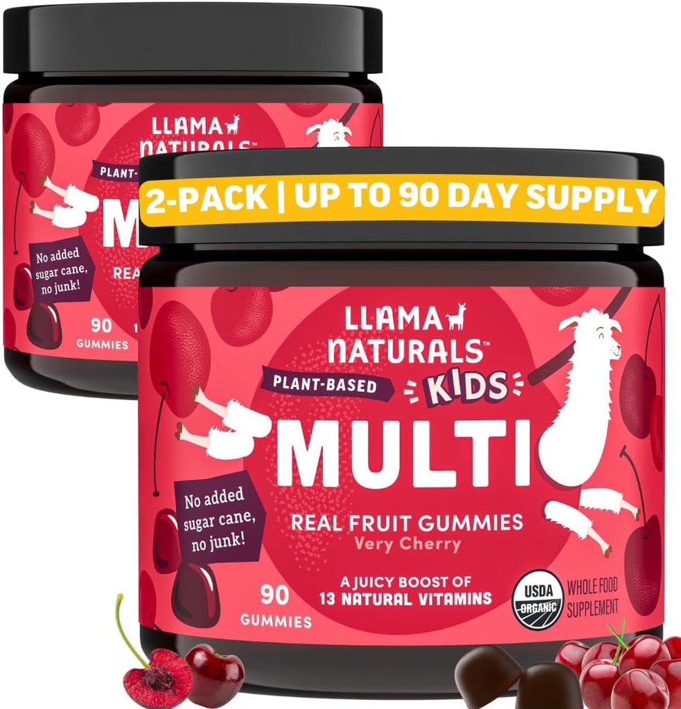 Llama Naturals Kids Multivitamine Gummies, Veganist, Organisch met vitamine D, C & K, Peuter Real Fruit Gummy Vitaminen, Kauwbare Supplement, Whole Food Multivitamine, Geen toegevoegde suiker Cane, Cherry, 2 Pk