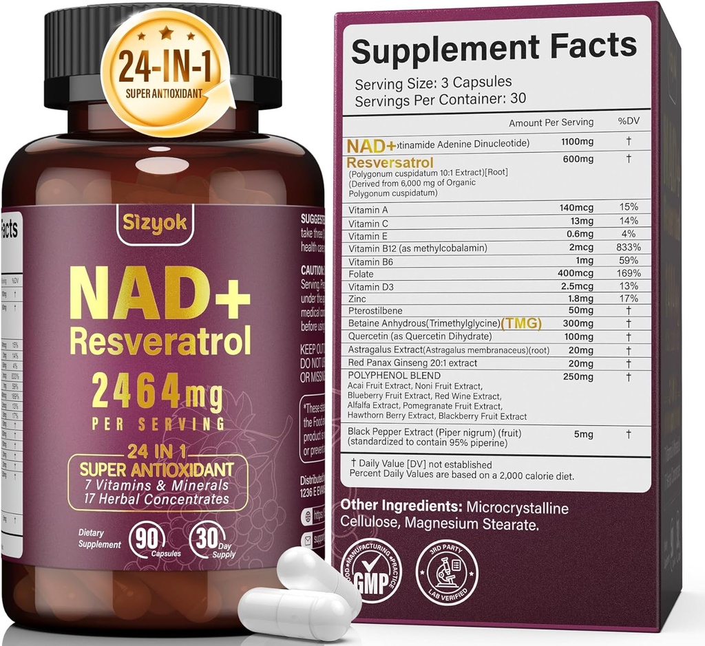 NAD Supplement 1100mg Pure Organic, Liposomal NAD Resveratrol Supplement voor vrouwen & Mannen, Boost NAD+ voor Veroudering, Cellular Energy, Focus - Ultra Antioxidant, 90 Capsules