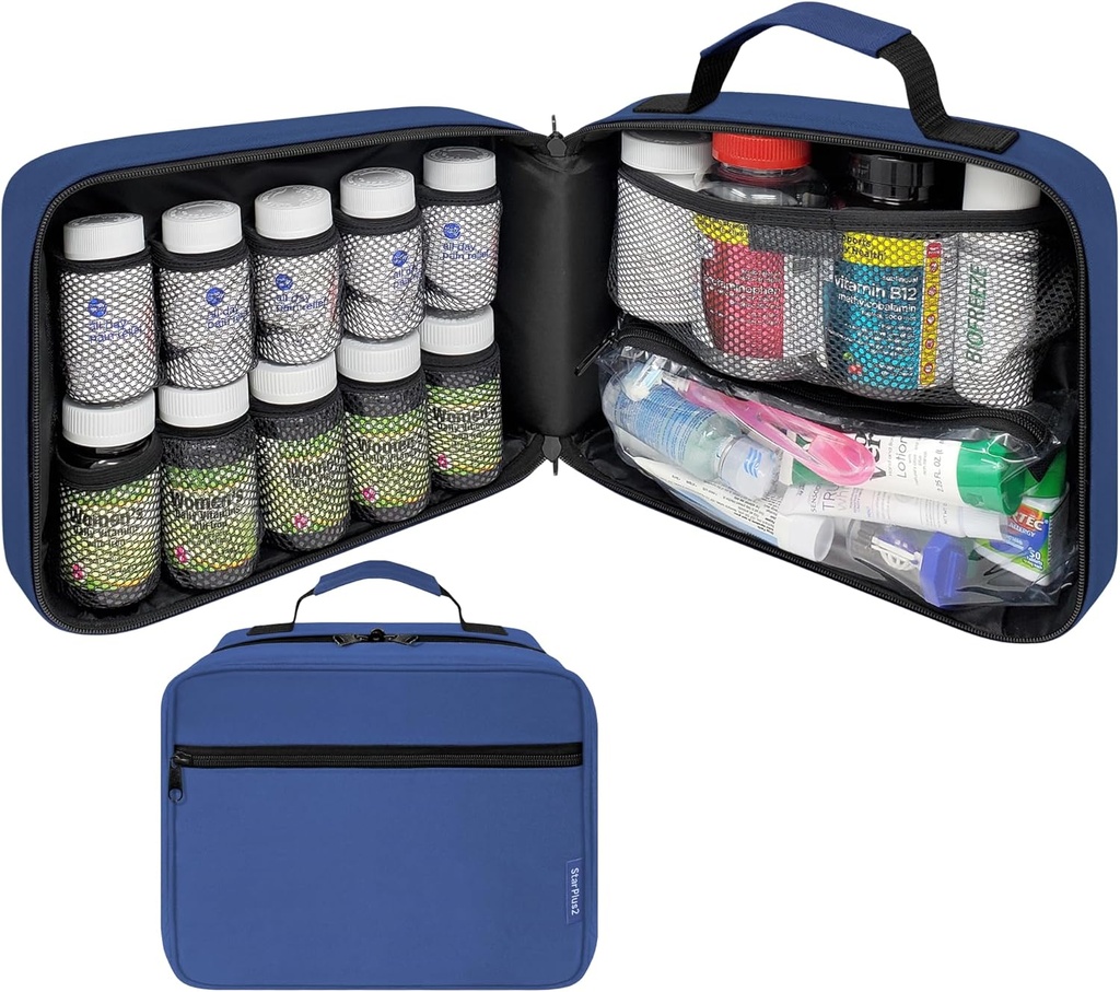 Grand organisateur de bouteilles de pilules rembourrées, sac de médecine, étui, transporteur pour les médicaments, les vitamines et les fournitures médicales - organisateur de médicaments de voyage et entreposage à domicile Sac Med - Bleu (Sans serrure)