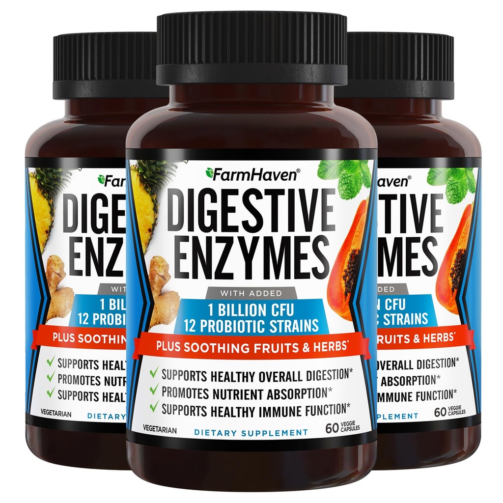 FarmHaven Digestieve enzymen met 18 Probiotica & Herbs, Bromelain, Protease & More for Lactose Absorptie & Better Digestie Helpt Bloating, Gas, Closured Vegetarian, 180 Capsules