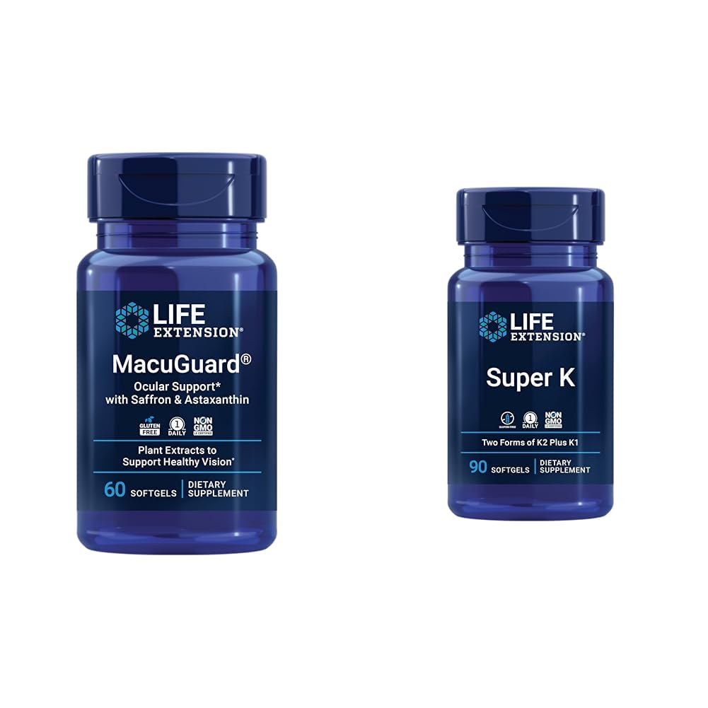 Life Extension Macuguard Eye Health Supplement met Lutein, Meso-Zeaxanthine, Saffron & Astaxanthine - 60 Tellen en Super K Vitamine K1 K2 MK-7 MK-4 Vitamine C - 90 Softgels