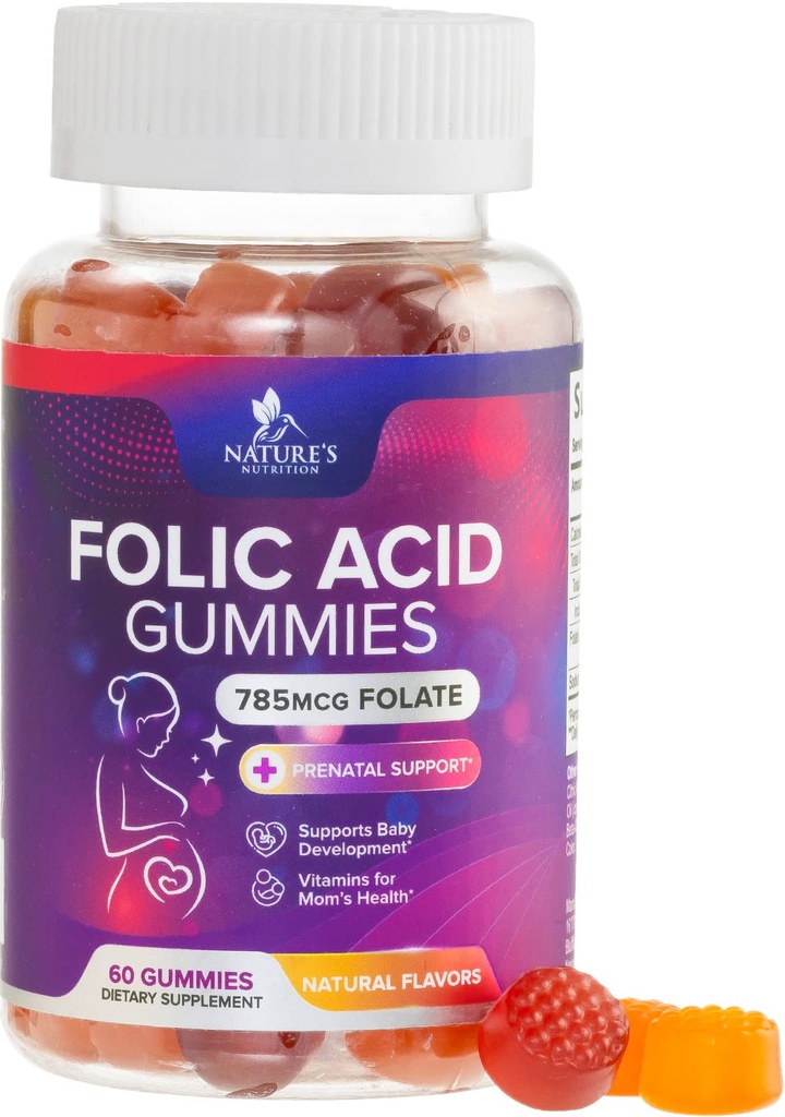 Foliumzuur Gummies voor vrouwen 785 mcg, essentiële prenatale vitamines voor mama & baby, veganistische foliumzuur supplement Gummy, dagelijkse vitamine B9 extra sterkte Folaat, voordat tijdens de zwangerschap - 60 Gummies