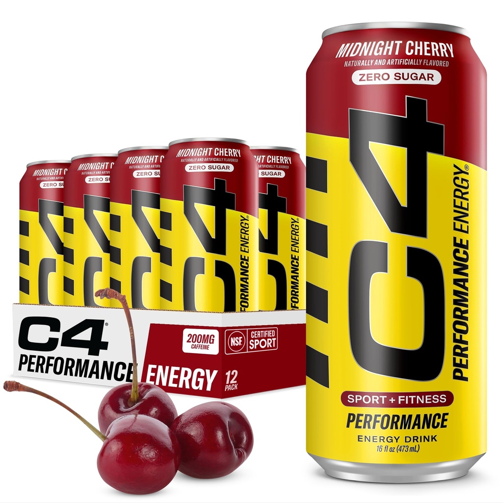 C4 Energie Gecarboneerde Zero Sugar Energy Drink, Pre Workout Drink + Beta Alanine, Midnight Cherry, 16 Fl Oz (pakket van 12)