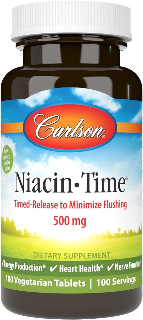 Carlson Niacin-Time 500 mg, Vitamine B-3, Tijdgereleased, 100 tabletten
