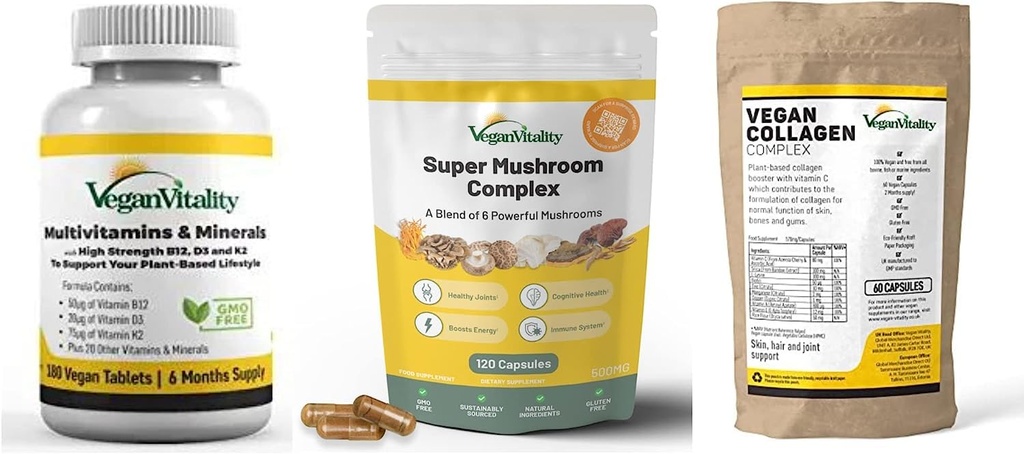 Vegan Vitality Booster Supplementen Bundle - Vegan multivitaminen, Collageen en Super Mushroom Complex. Formule op basis van hoge sterkte voor algemene gezondheid voor veganisten en vegetariërs