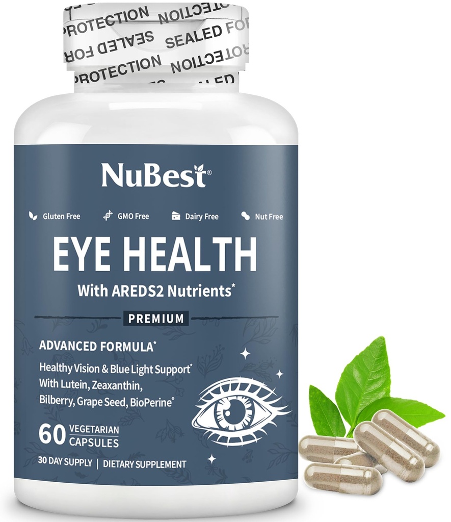 NuBest AREDS 2 Vitamines oculaires avec bêta-carotène en poudre, 20mg Lutéine, 4mg Zeaxanthin, Bilberry, Graines de raisin, BioPerine, B-Complexe, Multivitamine pour la santé des yeux