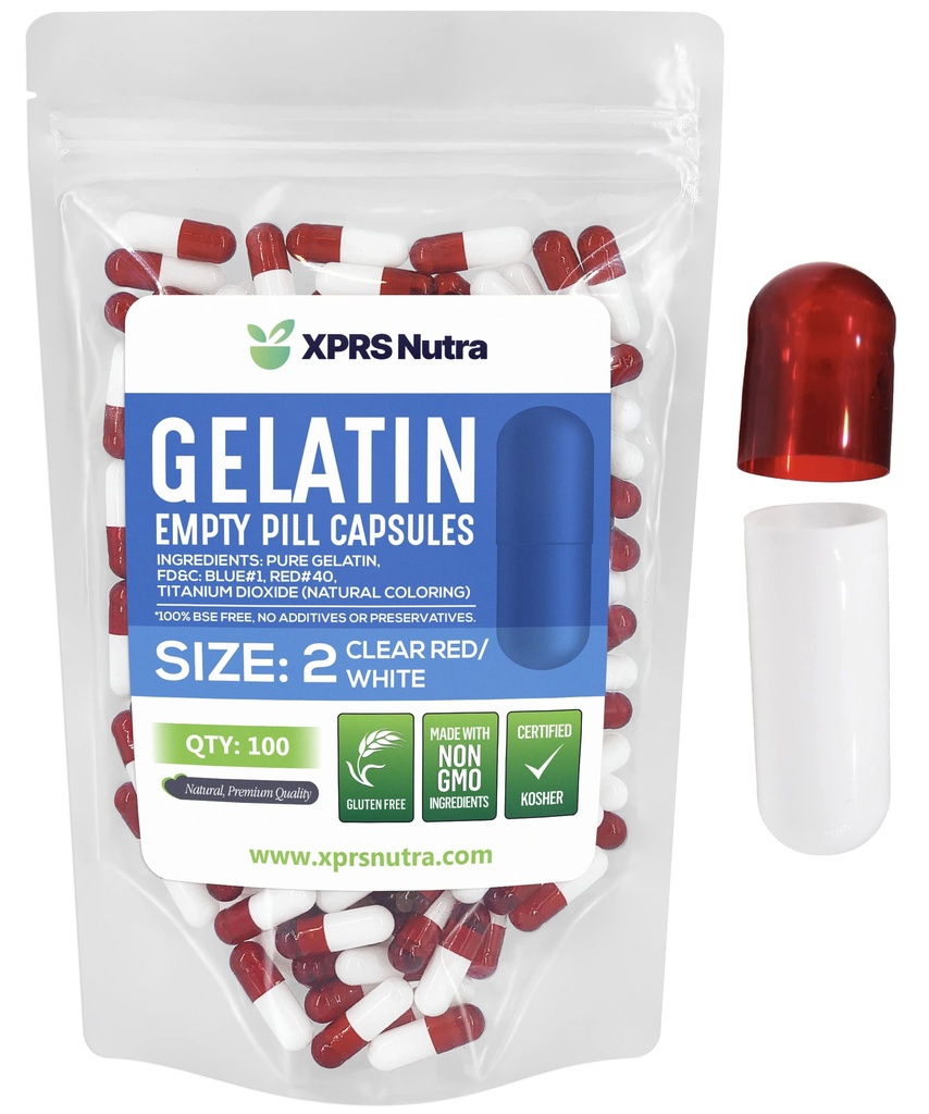 XPRS Nutra Maat 2 Lege capsules - 100 Telle Lege Gelatine Capsules - Pillen DIY Capsule Vulling - Pure Bovine Pill Gel Caps for Do-It-Yourself Supplements (Weer rood/Wit)
