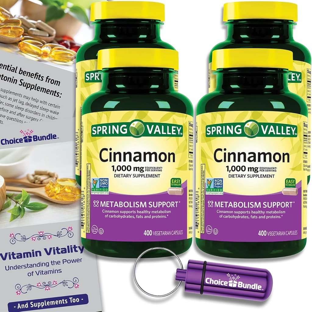 Choice Bundle Spring Valley Cinnamon Dieetsupplement 1000mg 400 ct Vegetarische Capsules 4 pk (1600 Totaal) + 