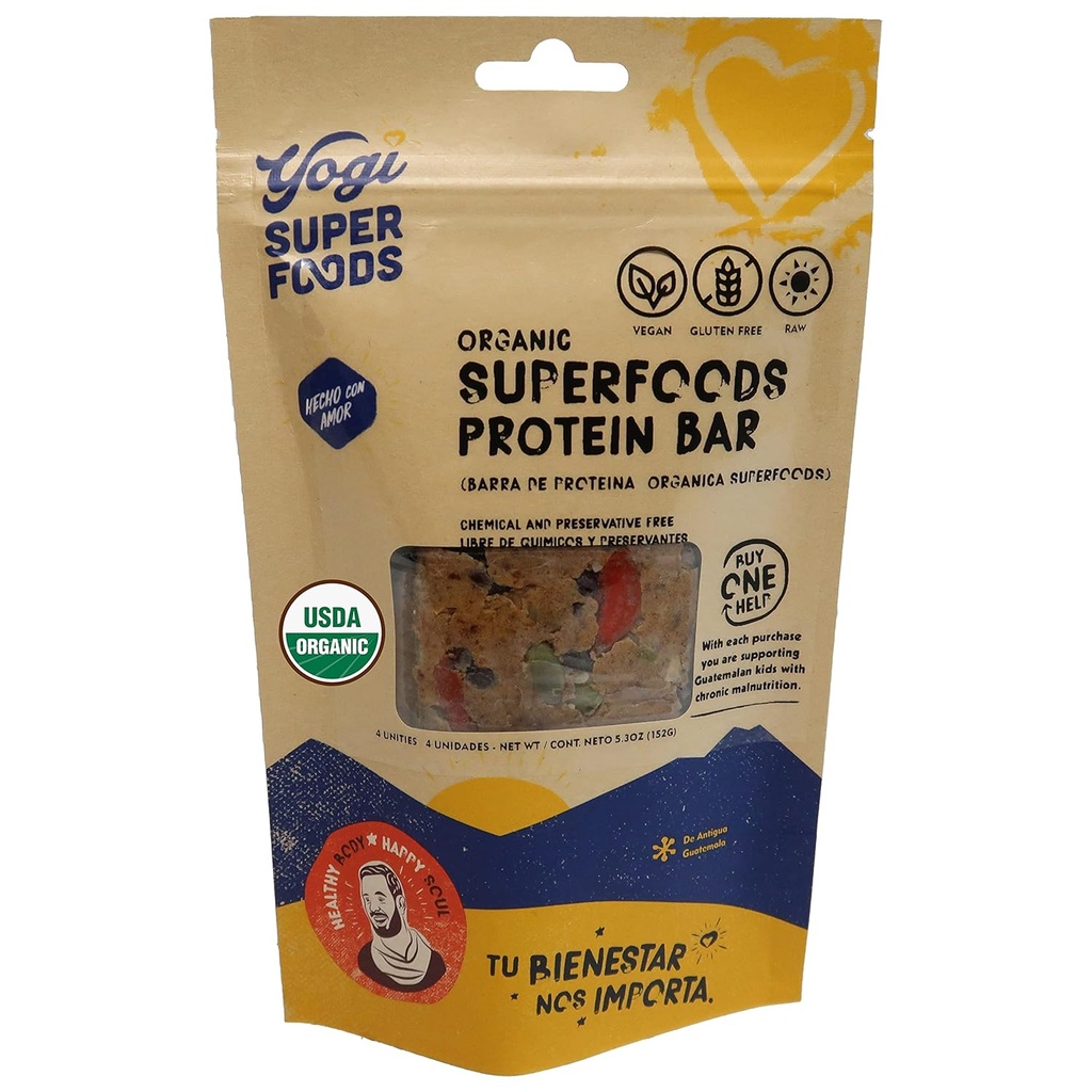 Yogi Super Foods Maca Protein Bars met Cacao voor gezonde energie - Rauwe, Veganistische, Glutenvrije, Low Glycemic Superfood Snack Food Bars met plantaardige proteïne, Cacaopoeder & Granola - 4 Bars