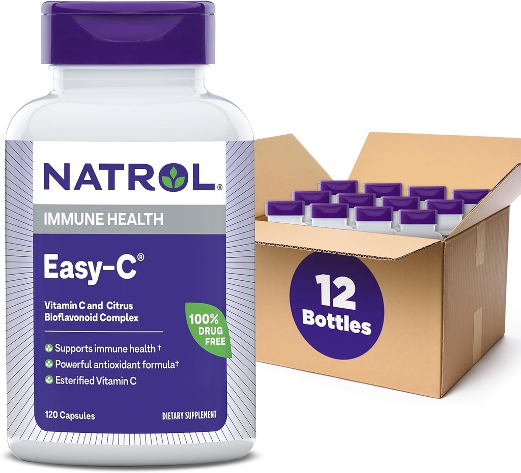 Natrol Easy-C soutient la santé immunitaire avec la vitamine C et les bioflavonoïdes, Bios Vegi Capsules, 500 mg, 120 Compte (paquet de 12)