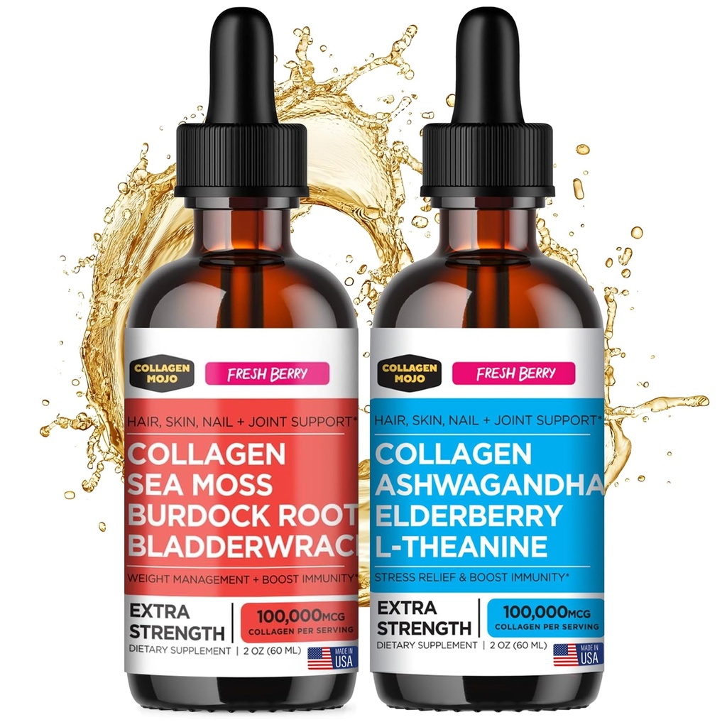 Peptides de collagène liquide de Mojo avec la mousse de mer, la racine de Burdock & Bladderwrack + Peptides de collagène liquide avec Ashwagandha, Elderberry & L-Theanine