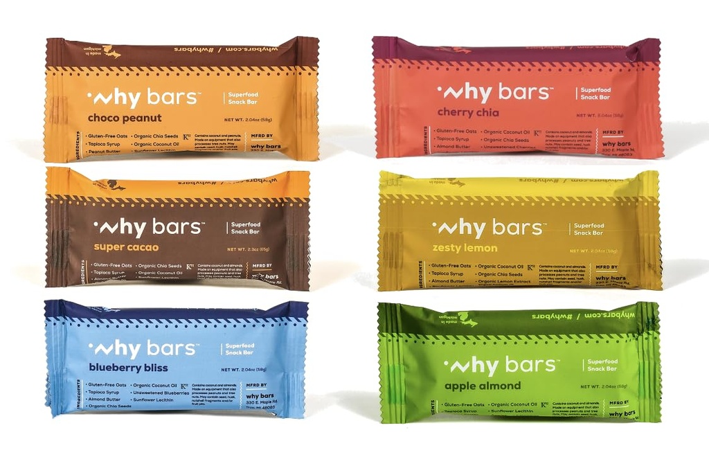 Waarom Bars, Protein Bars, Variety Pack, 2.04 Ounce Bars (verpakking van 12 Protein Bars) - Proteine Bar Superfood, Glutenvrij, Niet GGO, Biologisch, Veganistisch, eenvoudige ingrediënten