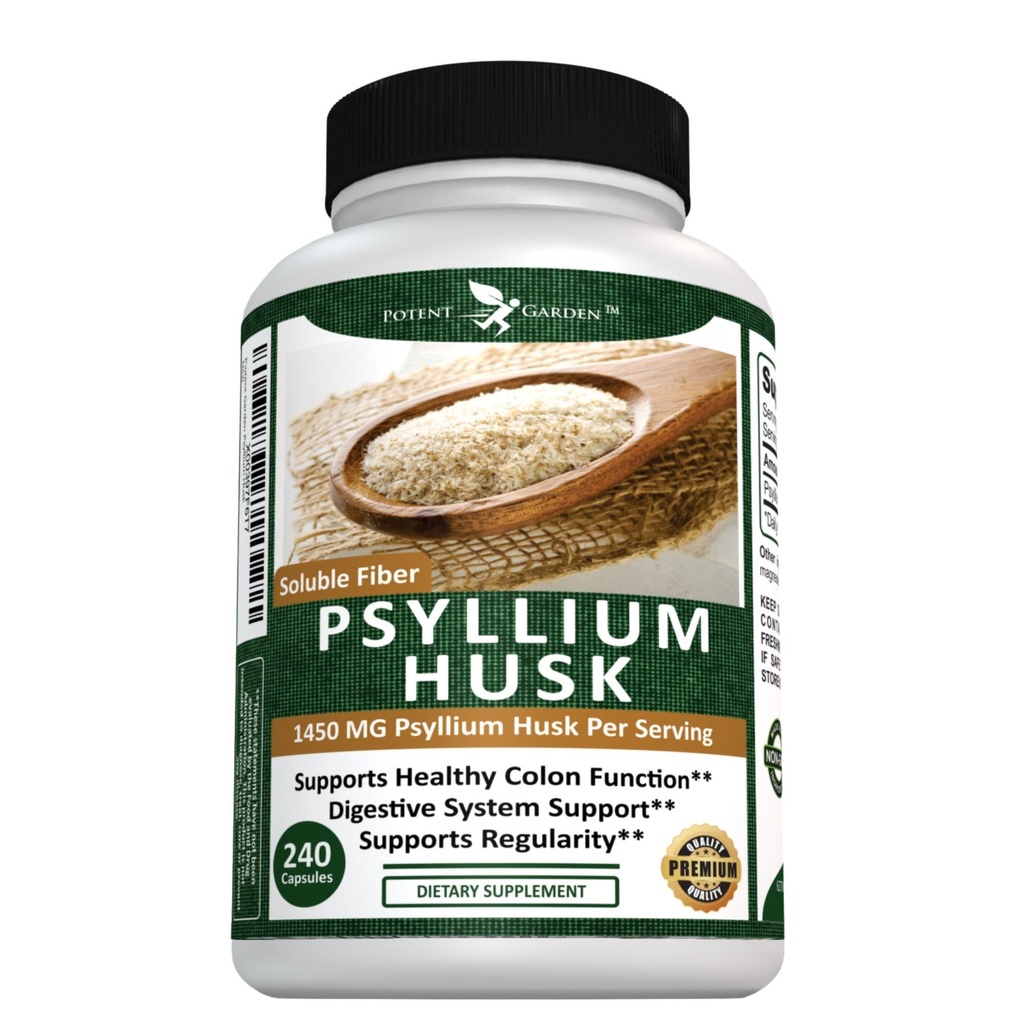 Potent Garden Psyllium Husk Capsules Toutes naturelles et puissantes complément de fibre alimentaire soluble aide à soutenir la régularité et la digestion, 240 capsules