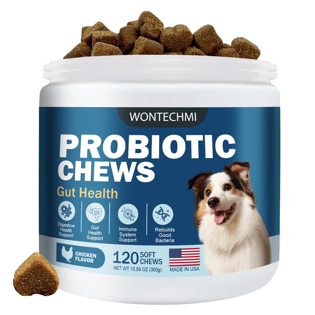 Probiotica voor honden, verbeteren Itchy Skin Itchy Ears, Gut Health, Gist Balance, Allergieën, Immuniteit, Hondenprobiotica en spijsverteringsenzymen met prebiotica, verminderen diarree (Kip, 120 kauwen)