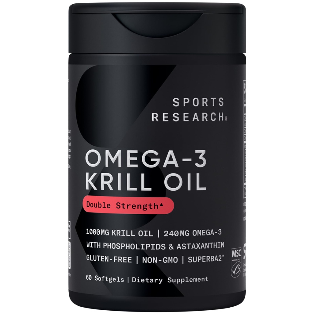 Sports Recherche Krill supplément huile avec EPA & DHA Omega 3, Phospholipides & Astaxanthin de l'Antarctique Krill - plus haute concentration d'huile de krill pour les hommes et les femmes - 1000mg, 60 Capsules Softgel